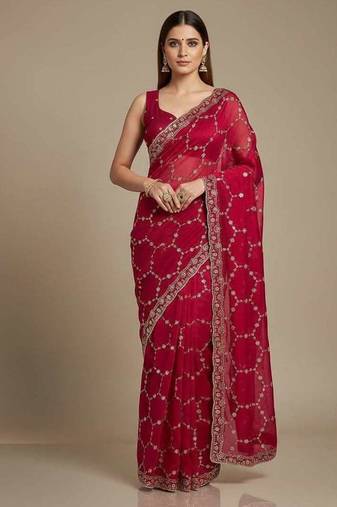 Red chiffon embroidered zari work heavy look ethnic saree with blouse