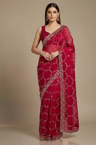 Red chiffon embroidered zari work heavy look ethnic saree with blouse