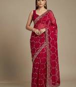 Red chiffon embroidered zari work heavy look ethnic saree with blouse