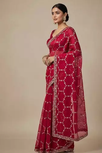 Red chiffon embroidered zari work heavy look ethnic saree with blouse