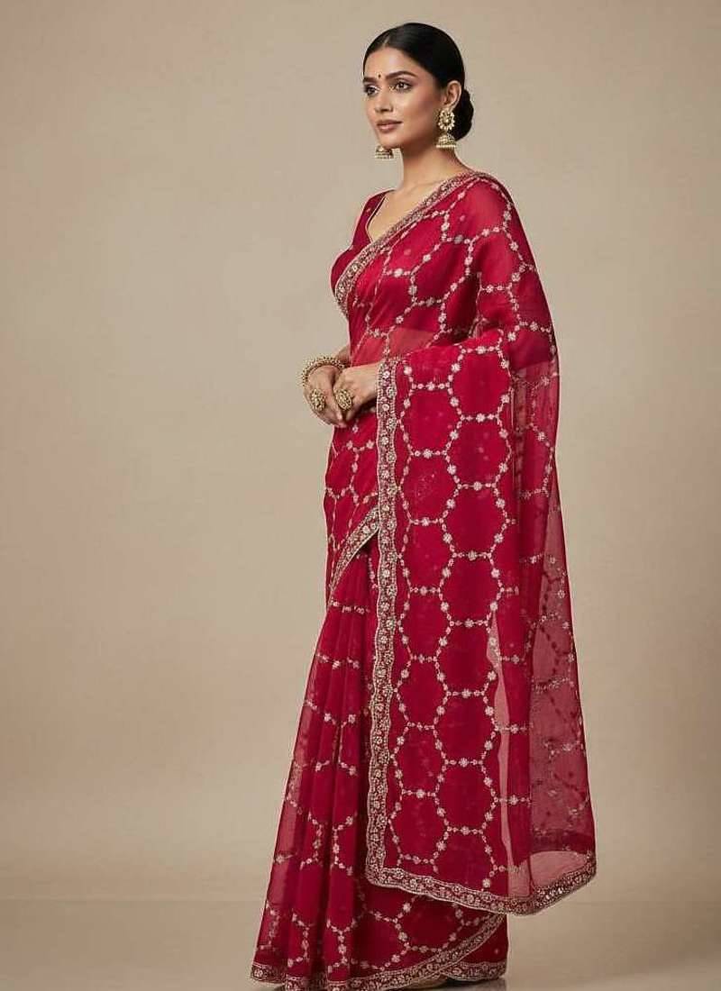 Red chiffon embroidered zari work heavy look ethnic saree with blouse