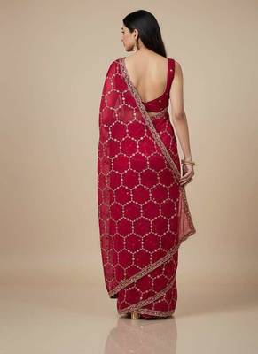 Red chiffon embroidered zari work heavy look ethnic saree with blouse 3