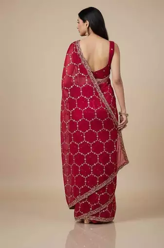Red chiffon embroidered zari work heavy look ethnic saree with blouse