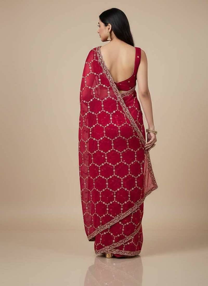 Red chiffon embroidered zari work heavy look ethnic saree with blouse