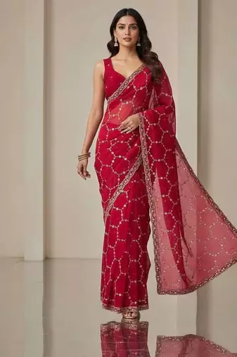 Red chiffon embroidered zari work heavy look ethnic saree with blouse