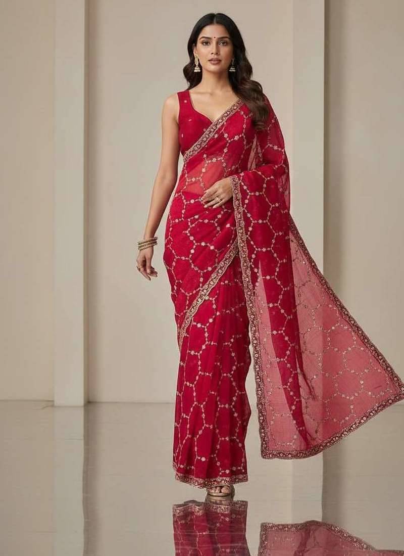Red chiffon embroidered zari work heavy look ethnic saree with blouse