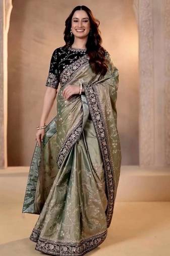 Cream silk embroidered sequins work heavy look ethnic saree with blouse