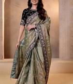 Cream silk embroidered sequins work heavy look ethnic saree with blouse