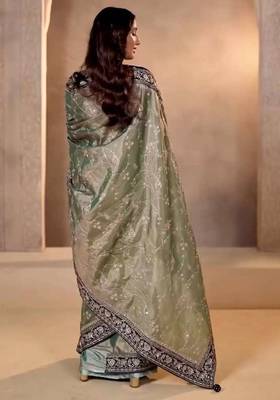 Cream silk embroidered sequins work heavy look ethnic saree with blouse 2
