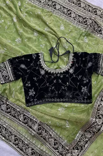 Green silk embroidered sequins work heavy look ethnic saree with blouse