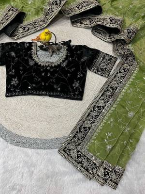 Green silk embroidered sequins work heavy look ethnic saree with blouse 3