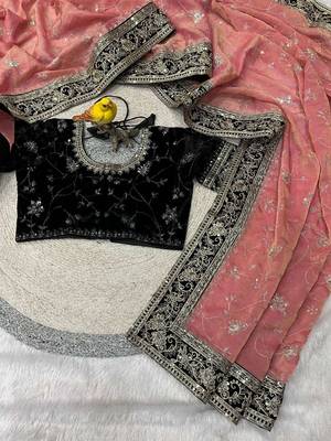 Peach silk embroidered sequins work heavy look ethnic saree with blouse 2