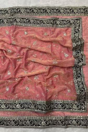 Peach silk embroidered sequins work heavy look ethnic saree with blouse