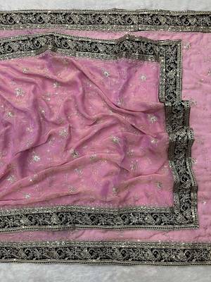 Pink silk embroidered sequins work heavy look ethnic saree with blouse 2