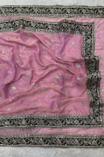 Pink silk embroidered sequins work heavy look ethnic saree with blouse