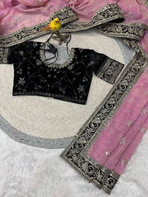 Pink silk embroidered sequins work heavy look ethnic saree with blouse 3
