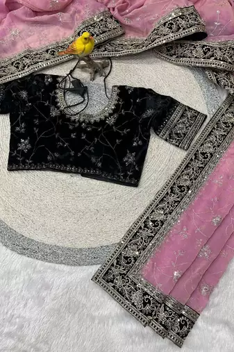 Pink silk embroidered sequins work heavy look ethnic saree with blouse