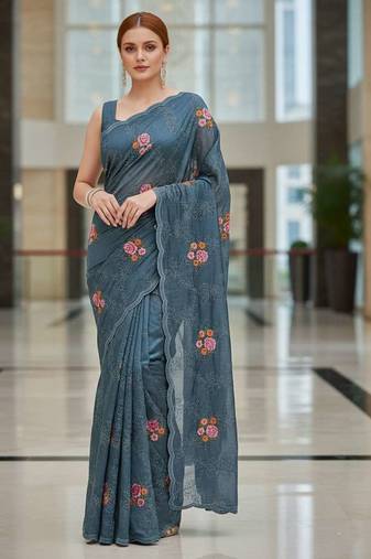 Blue manipuri silk embroidered thread work heavy look ethnic saree with blouse