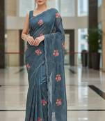 Blue manipuri silk embroidered thread work heavy look ethnic saree with blouse
