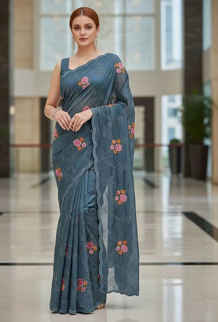 Blue manipuri silk embroidered thread work heavy look ethnic saree with blouse