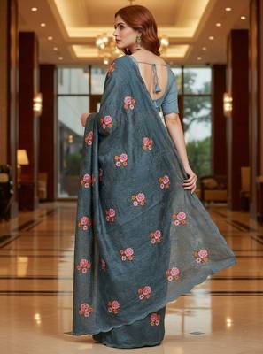 Blue manipuri silk embroidered thread work heavy look ethnic saree with blouse 2