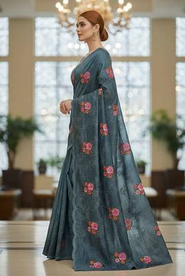 Blue manipuri silk embroidered thread work heavy look ethnic saree with blouse 3