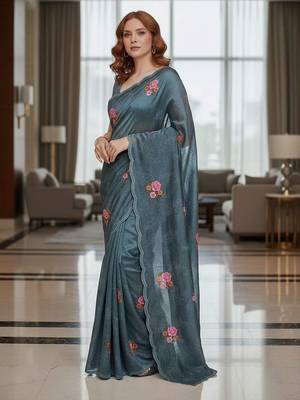 Blue manipuri silk embroidered thread work heavy look ethnic saree with blouse 4