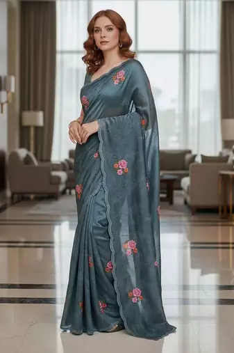 Blue manipuri silk embroidered thread work heavy look ethnic saree with blouse