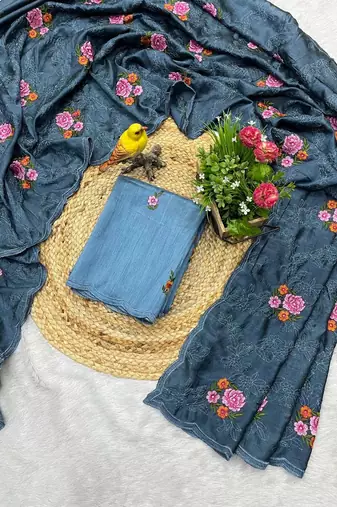 Blue manipuri silk embroidered thread work heavy look ethnic saree with blouse