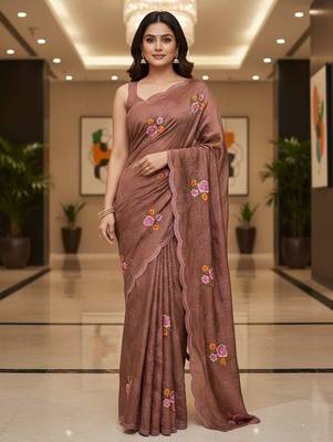 Brown manipuri silk embroidered thread work heavy look ethnic saree with blouse 1