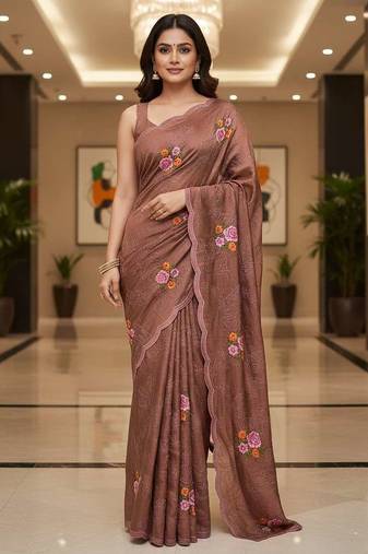 Brown manipuri silk embroidered thread work heavy look ethnic saree with blouse