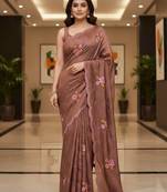Brown manipuri silk embroidered thread work heavy look ethnic saree with blouse
