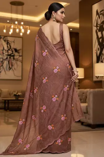 Brown manipuri silk embroidered thread work heavy look ethnic saree with blouse