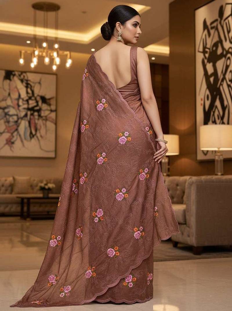 Brown manipuri silk embroidered thread work heavy look ethnic saree with blouse