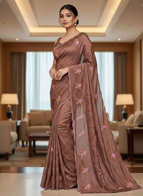 Brown manipuri silk embroidered thread work heavy look ethnic saree with blouse 3