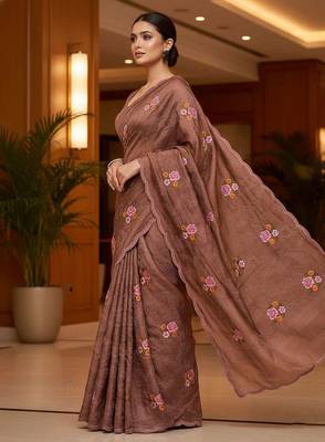 Brown manipuri silk embroidered thread work heavy look ethnic saree with blouse 4