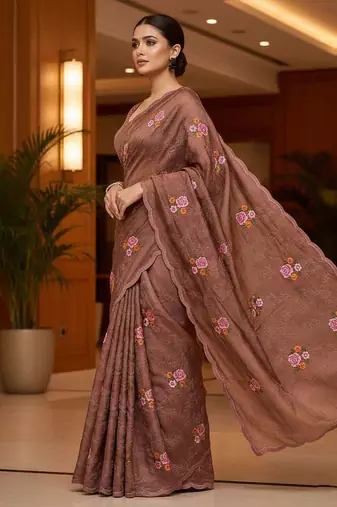 Brown manipuri silk embroidered thread work heavy look ethnic saree with blouse