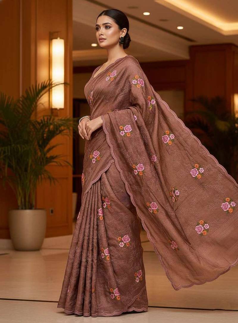 Brown manipuri silk embroidered thread work heavy look ethnic saree with blouse
