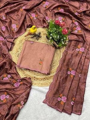 Brown manipuri silk embroidered thread work heavy look ethnic saree with blouse 5