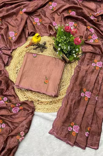 Brown manipuri silk embroidered thread work heavy look ethnic saree with blouse