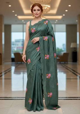 Green manipuri silk embroidered thread work heavy look ethnic saree with blouse 1