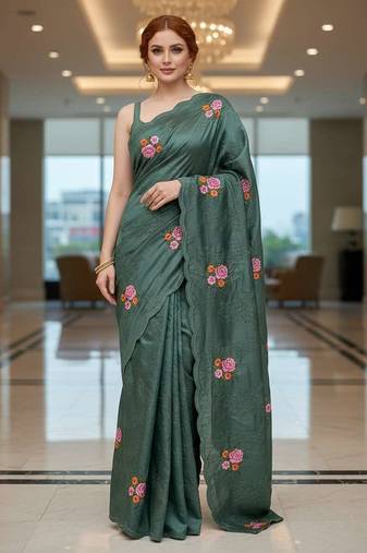 Green manipuri silk embroidered thread work heavy look ethnic saree with blouse