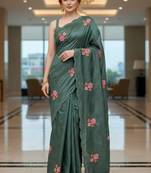 Green manipuri silk embroidered thread work heavy look ethnic saree with blouse