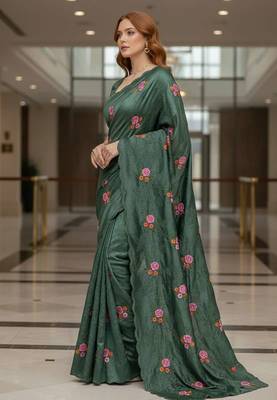 Green manipuri silk embroidered thread work heavy look ethnic saree with blouse 3