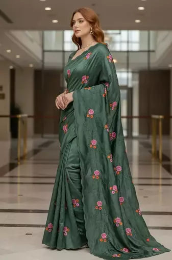 Green manipuri silk embroidered thread work heavy look ethnic saree with blouse