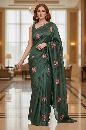 Green manipuri silk embroidered thread work heavy look ethnic saree with blouse