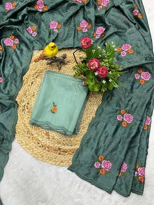 Green manipuri silk embroidered thread work heavy look ethnic saree with blouse 5