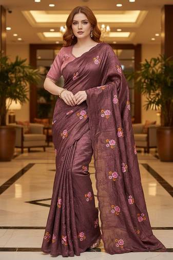 Maroon manipuri silk embroidered thread work heavy look ethnic saree with blouse