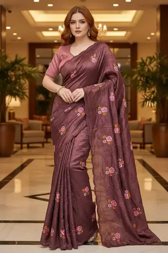 Maroon manipuri silk embroidered thread work heavy look ethnic saree with blouse