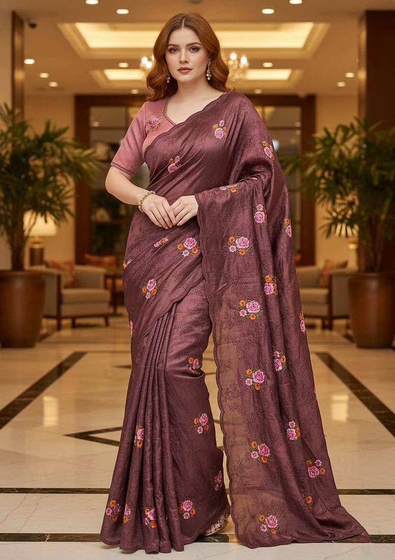 Maroon manipuri silk embroidered thread work heavy look ethnic saree with blouse